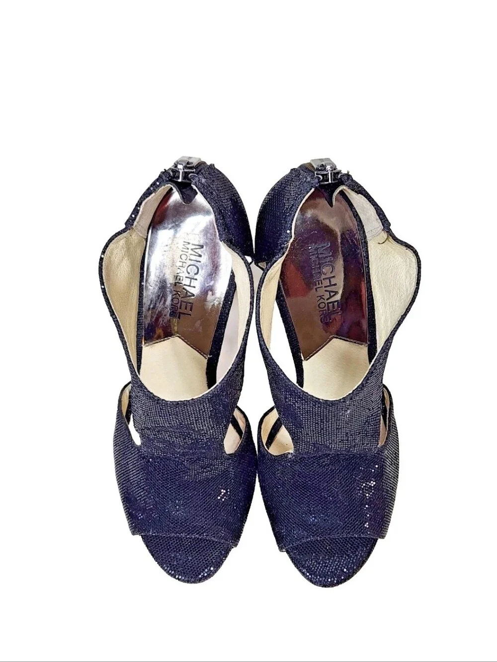 MICHAEL KORS Sparkle Platform Heels Sz 7 Black Ankle T-Strap Cut-Out Back Zip